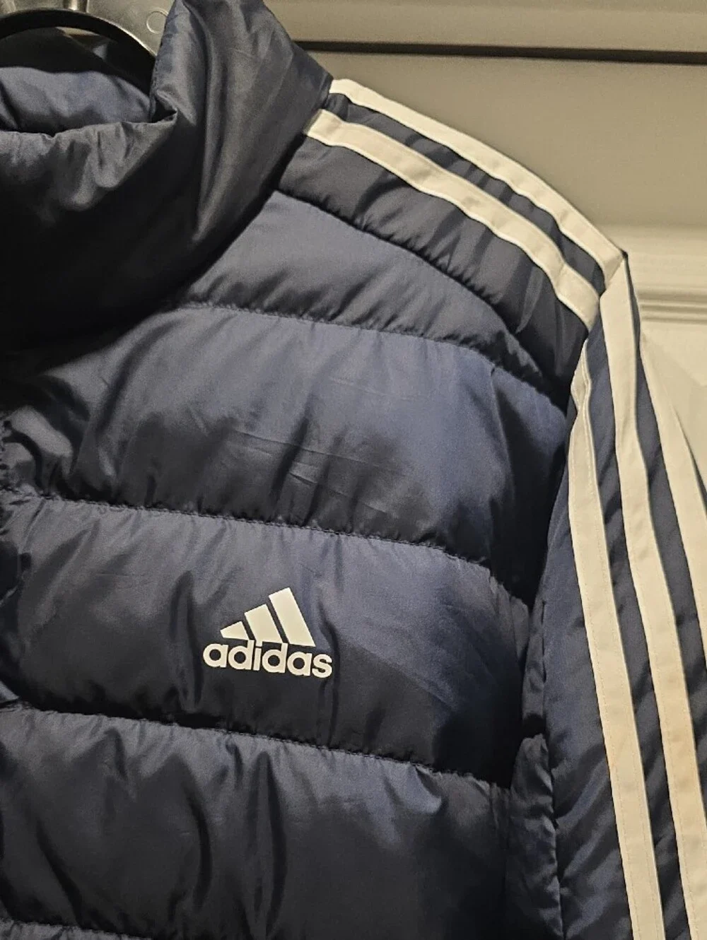 adidas Navy Puffer Jacket with White Shoulder Stripes